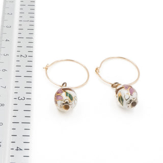 14K Gold Filled White Cloisonné Floral Bead 1.5 Inch Dangle Earrings