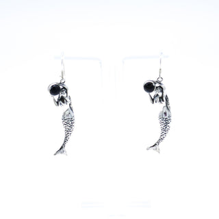 Vintage Mermaid Dangle Earrings With Black Tourmaline in Sterling Silver