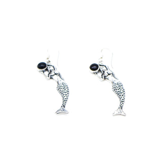 Vintage Mermaid Dangle Earrings With Black Tourmaline in Sterling Silver