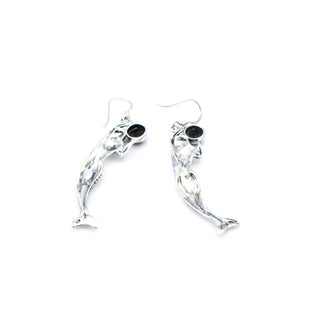 Vintage Mermaid Dangle Earrings With Black Tourmaline in Sterling Silver