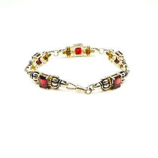 Vintage 7.5-Inch Garnet Sterling Silver And 14K Gold Bracelet