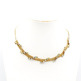 Vintage Aurora Borealis Gold Tone Mesh Parure Necklace, Bracelet and Earrings