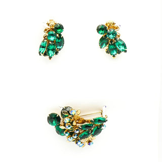 Vintage Aurora Borealis Green Demi-Parure Brooch and Clip-on Earrings