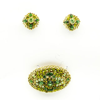 Vintage Green Rhinestone Demi-Parure Brooch and Clip-On Earrings