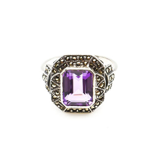 Judith Jack Emerald Cut Amethyst And Marcasite Ring In Sterling Silver Size 9