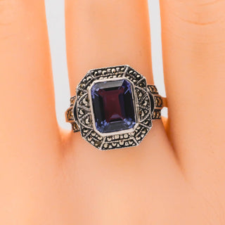 Judith Jack Emerald Cut Amethyst And Marcasite Ring In Sterling Silver Size 9