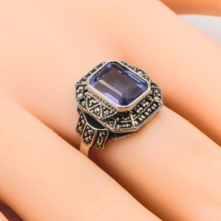 Judith Jack Emerald Cut Amethyst And Marcasite Ring In Sterling Silver Size 9