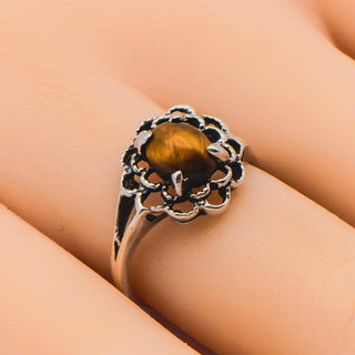 Vintage Tiger Eye Solitaire Ring In Sterling Silver Size 7