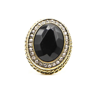 Vintage Oval Black Rhinestone Halo Cocktail Costume Ring Size 7.75