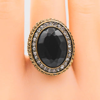 Vintage Oval Black Rhinestone Halo Cocktail Costume Ring Size 7.75