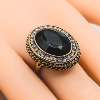 Vintage Oval Black Rhinestone Halo Cocktail Costume Ring Size 7.75