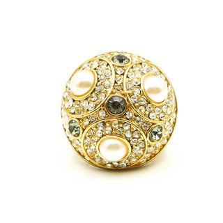 Vintage Gold Tone Pearl & Rhinestone Dome Cocktail Ring Size 7