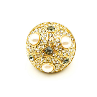 Vintage Gold Tone Pearl & Rhinestone Dome Cocktail Ring Size 7