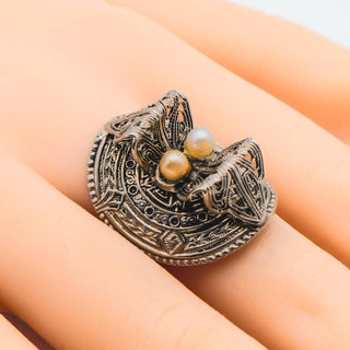Vintage Western Germany Silver Tone Pearl Ring Size 6.5 adj
