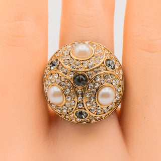 Vintage Gold Tone Pearl & Rhinestone Dome Cocktail Ring Size 7