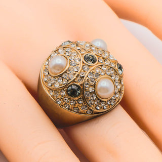 Vintage Gold Tone Pearl & Rhinestone Dome Cocktail Ring Size 7