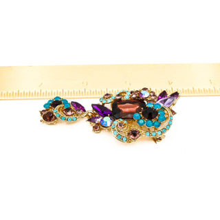 Gold Tone Purple And Blue Rhinestone Brooch Or Pendant