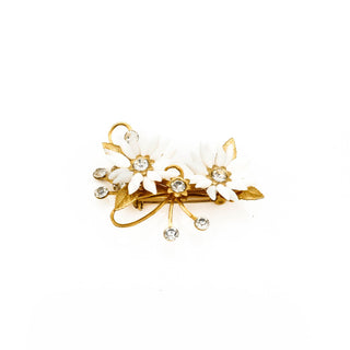 Vintage Gold Plated White Flower Rhinestone Brooch