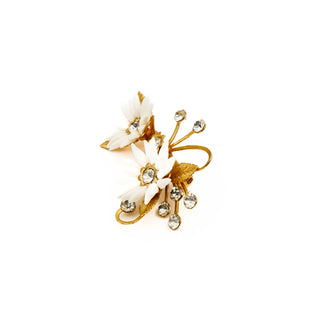 Vintage Gold Plated White Flower Rhinestone Brooch