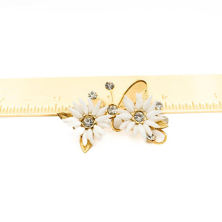 Vintage Gold Plated White Flower Rhinestone Brooch