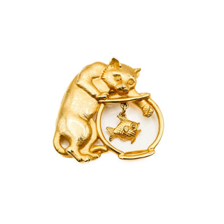 Vintage Gold Plated JJ Jonette Co Cat And Fishbowl Brooch Pin