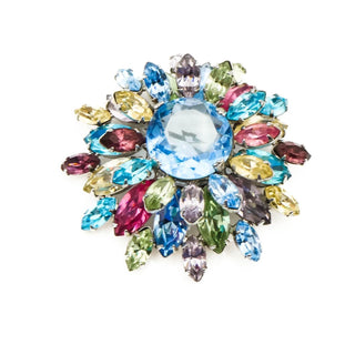 Vintage Multi-Color Floral Rhinestone Brooch Pin With Blue Center Stone