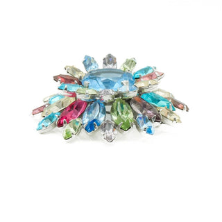 Vintage Multi-Color Floral Rhinestone Brooch Pin With Blue Center Stone