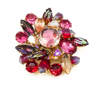 Vintage Pink & Purple Rhinestone Brooch with Givre Glass & Leaf Accents