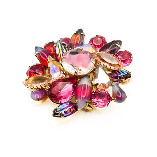 Vintage Pink & Purple Rhinestone Brooch with Givre Glass & Leaf Accents