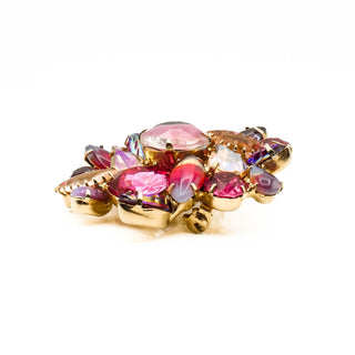 Vintage Pink & Purple Rhinestone Brooch with Givre Glass & Leaf Accents