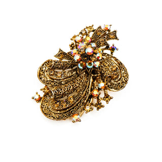 Vintage Gold Plated Filigree Bow Brooch Pin With Aurora Borealis Rhinestones