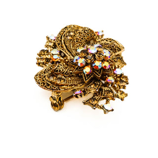 Vintage Gold Plated Filigree Bow Brooch Pin With Aurora Borealis Rhinestones