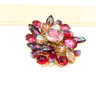 Vintage Pink & Purple Rhinestone Brooch with Givre Glass & Leaf Accents