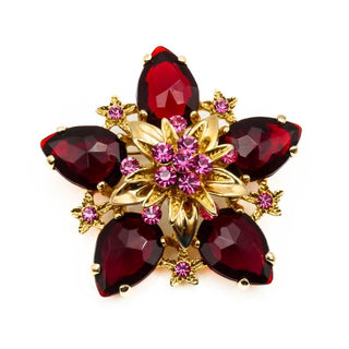 Vintage Bordeaux And Pink Gold Plated Rhinestone Flower Brooch