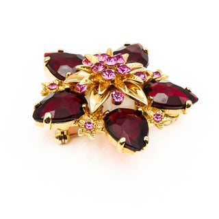 Vintage Bordeaux And Pink Gold Plated Rhinestone Flower Brooch