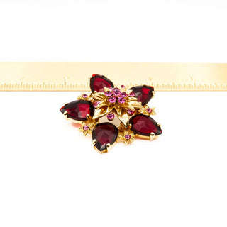 Vintage Bordeaux And Pink Gold Plated Rhinestone Flower Brooch