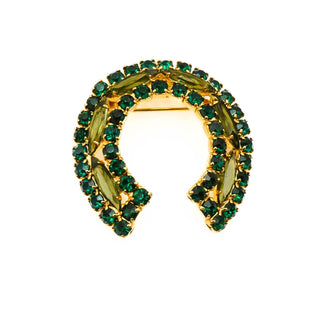 Vintage Emerald Green Gold Plated Lucky Horseshoe Rhinestone Brooch