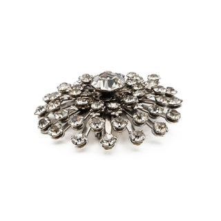 Vintage Round Silver Tone Clear Rhinestone Sunburst Brooch Pin