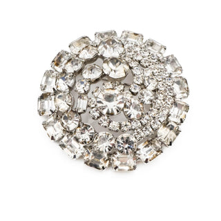 Vintage Large Silver Tone Round Clear Rhinestone Brooch Pin