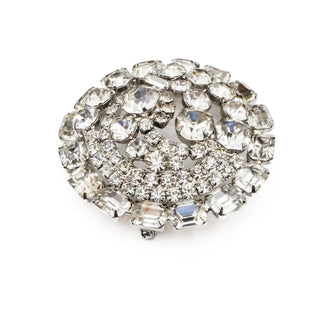 Vintage Large Silver Tone Round Clear Rhinestone Brooch Pin