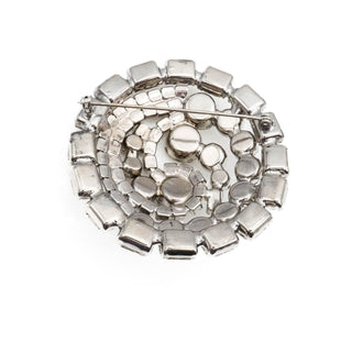 Vintage Large Silver Tone Round Clear Rhinestone Brooch Pin