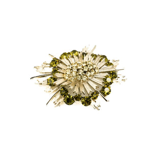 Vintage LISNER Silver Tone Sunburst Brooch Pin With Peridot Green Rhinestones