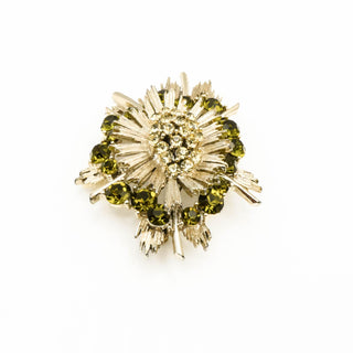 Vintage LISNER Silver Tone Sunburst Brooch Pin With Peridot Green Rhinestones