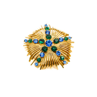 Vintage Gold Plated Signed LISNER Brooch Pin With Blue Green Rhinestones