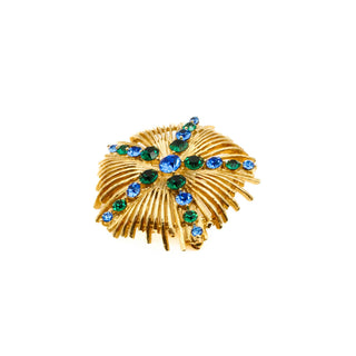 Vintage Gold Plated Signed LISNER Brooch Pin With Blue Green Rhinestones