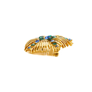 Vintage Gold Plated Signed LISNER Brooch Pin With Blue Green Rhinestones