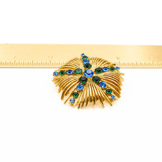 Vintage Gold Plated Signed LISNER Brooch Pin With Blue Green Rhinestones