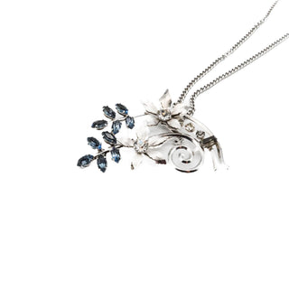 Vintage Floral Brooch Pendant Necklace Size 16 Inches Blue And Clear Rhinestones