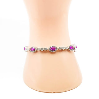 Vintage Silver Tennis Bracelet With Pink Sapphire And Diamonds Size 7 Inches