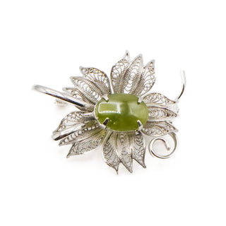 Vintage Floral Chrysoprase Silver Tone Brooch Pin